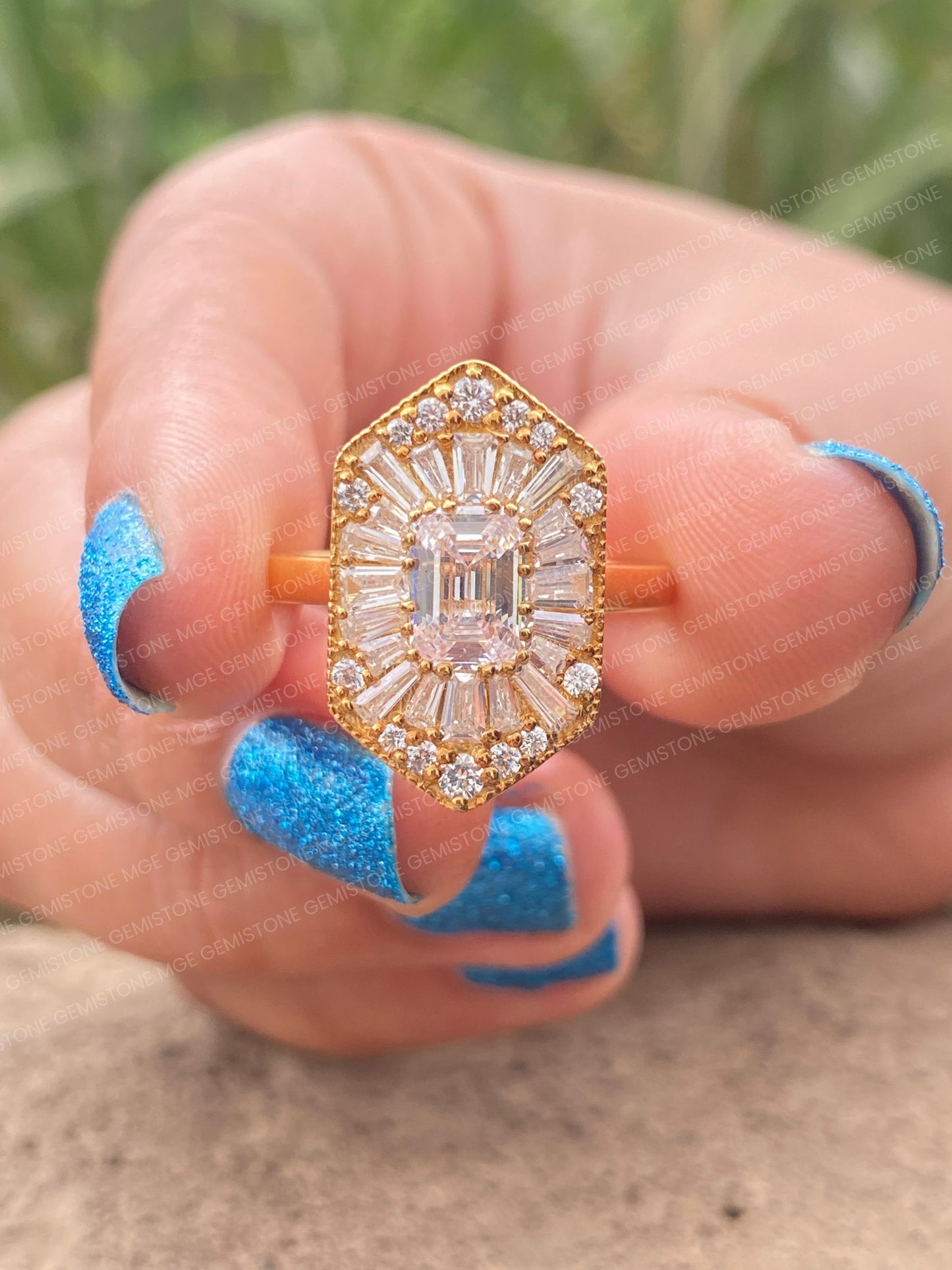 Emerald Cut Moissanite Halo Cluster Vintage Engagement Ring