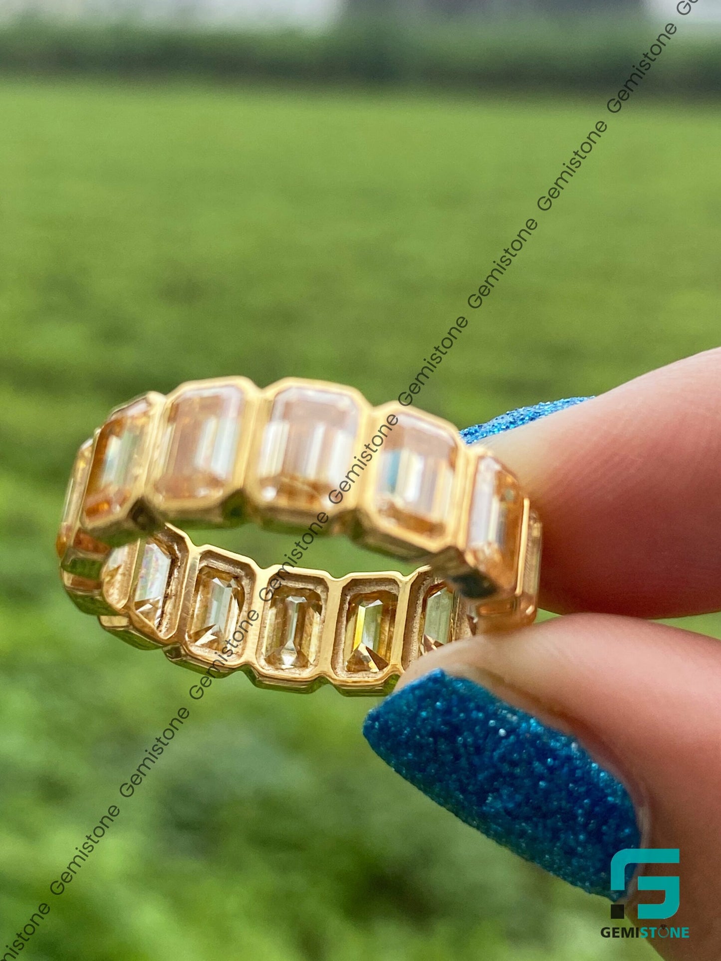 Bezel Setting Emerald Cut Canary Diamond Wedding Band