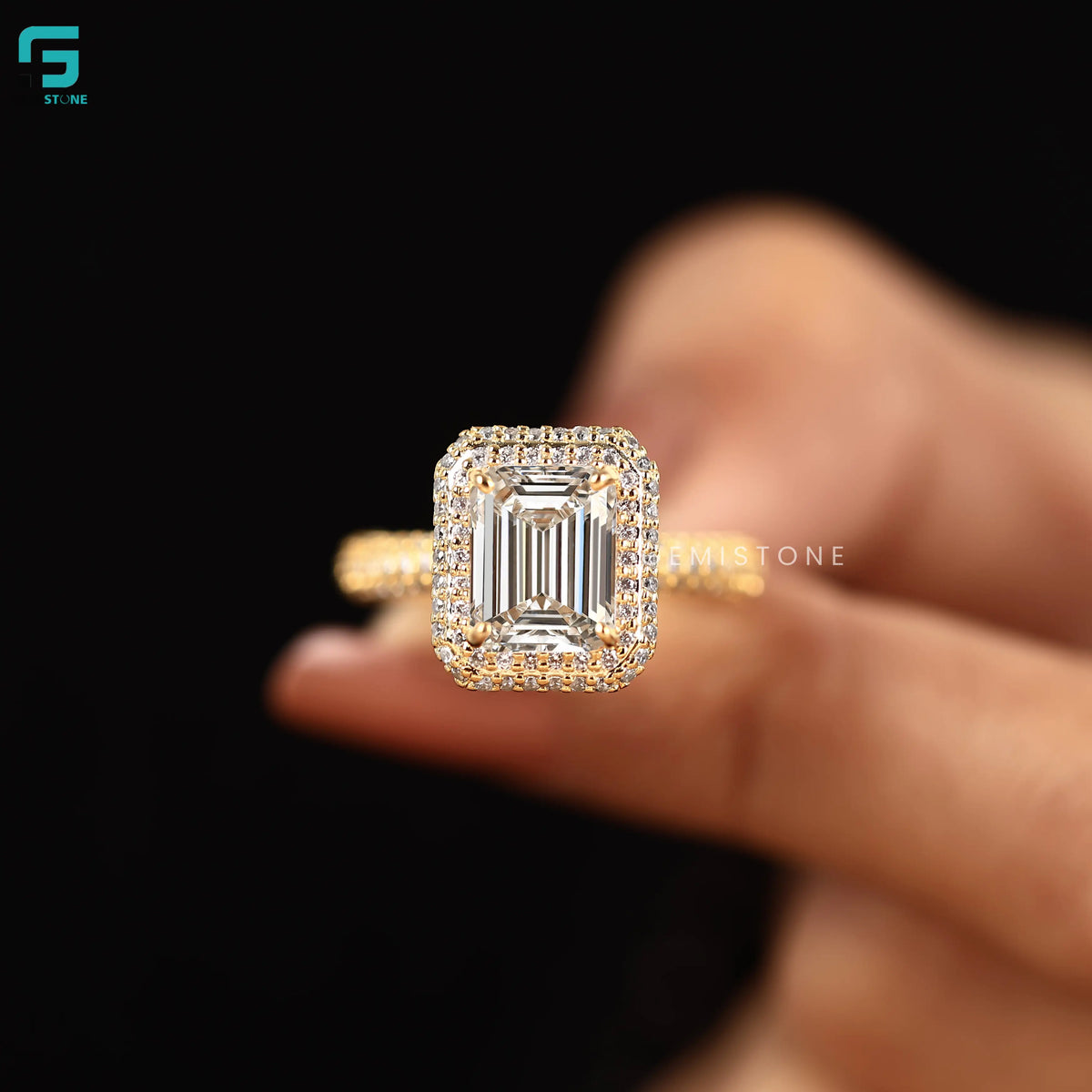 Emerald Cut Cluster Double Halo Lab Grown Diamond  Ring