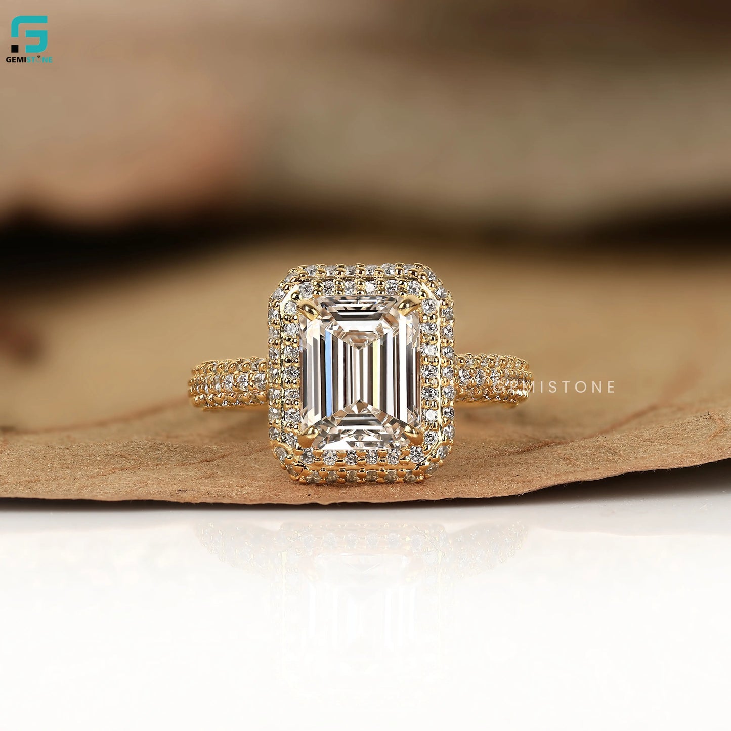 Emerald Cut Cluster Double Halo Lab Grown Diamond  Ring
