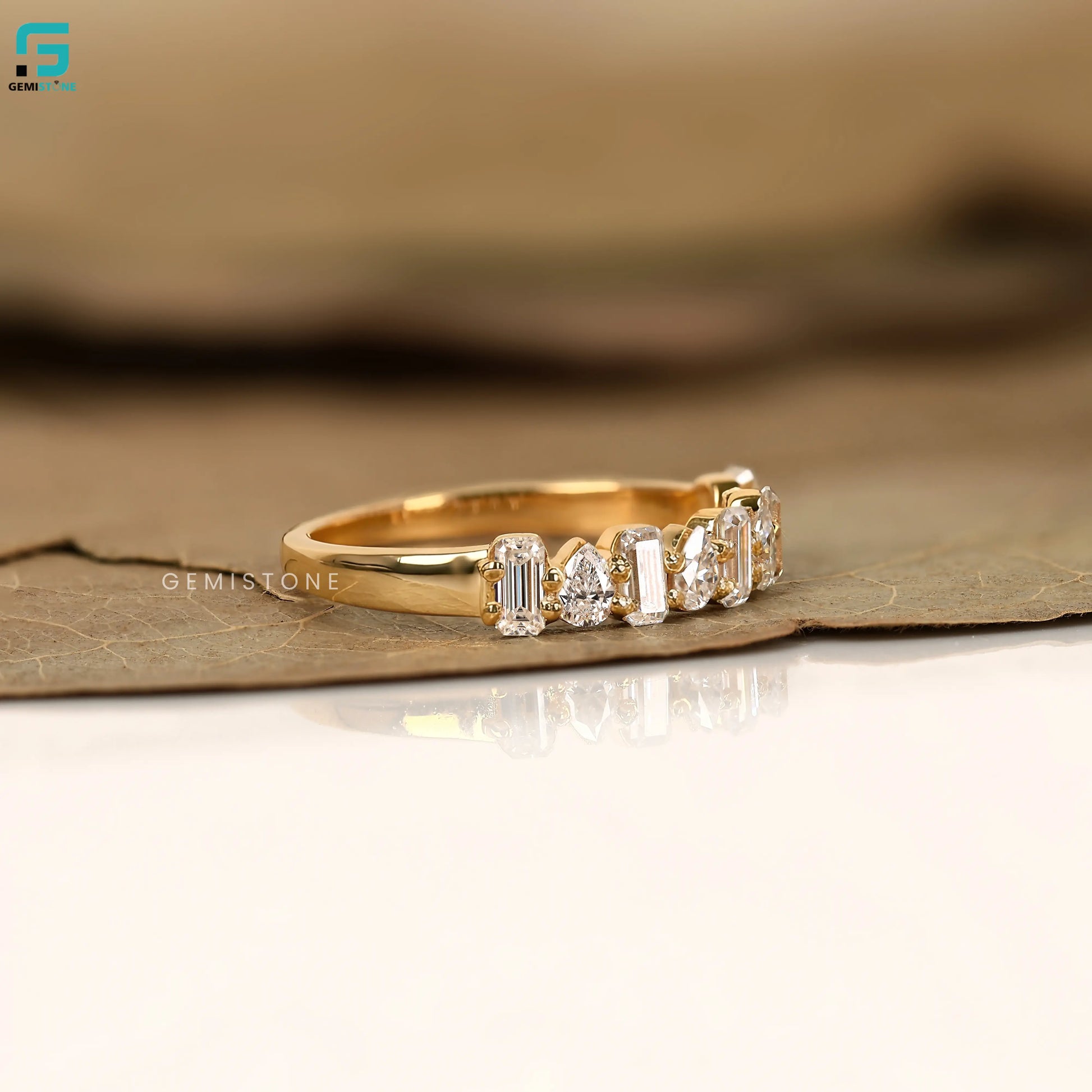 Emerald And Pear Cut Lab Diamond Half Eternity Wedding Band 
