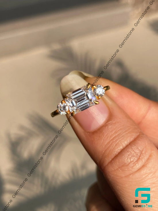 Emerald Round Three Stone Engagement Ring