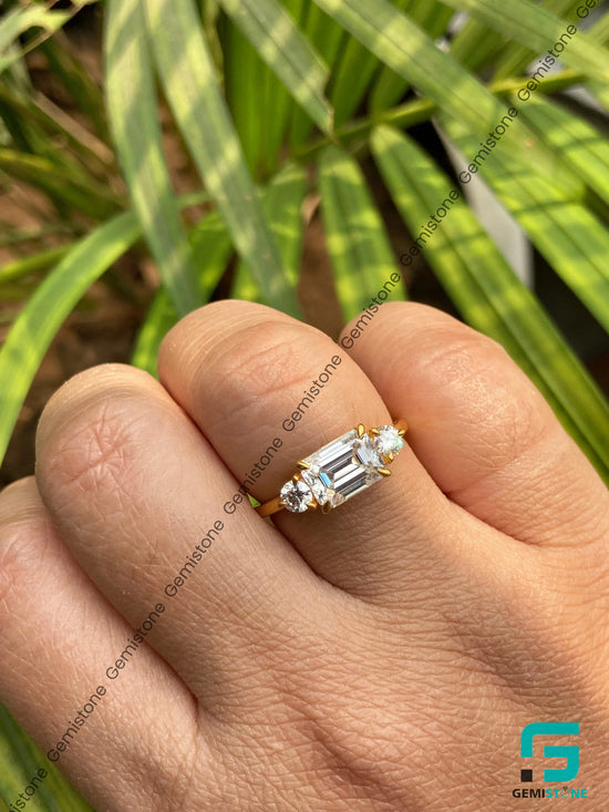 Emerald Round Three Stone Wedding Ring For Women