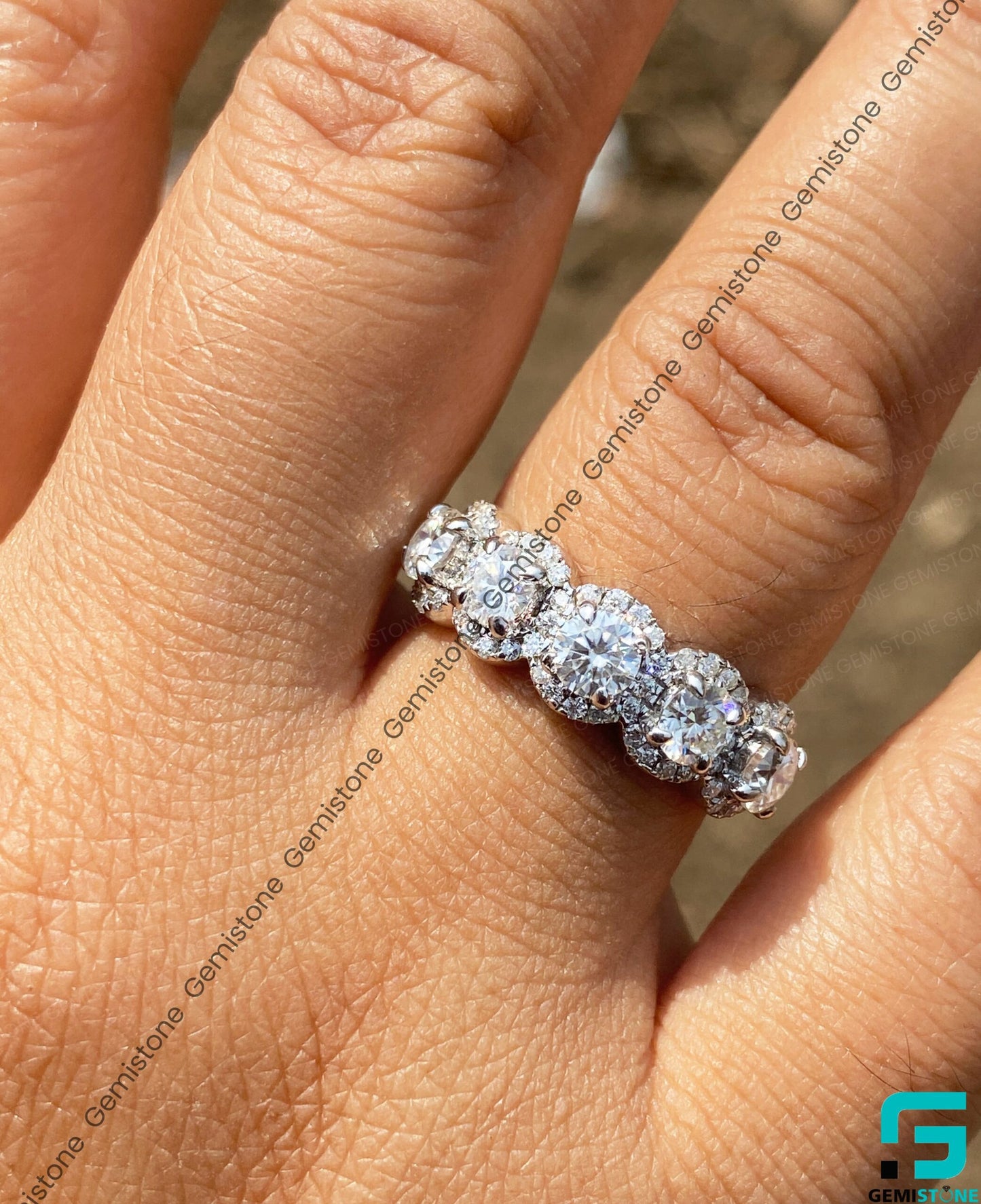 Half Eternity Round Cut Moissanite 5 Stone Halo Ring