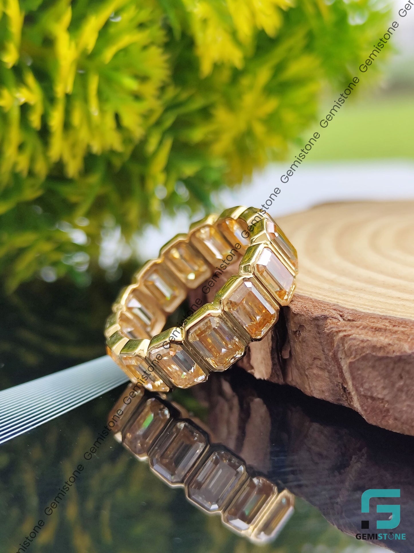 Bezel Setting Emerald Cut Canary Diamond Wedding Band