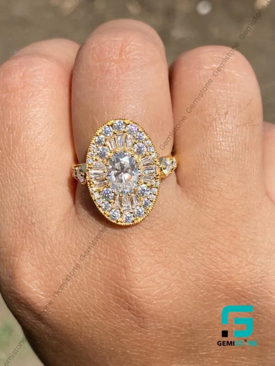 Oval Cut Moissanite Cluster Ring | Vintage Oval Halo Engagement Ring