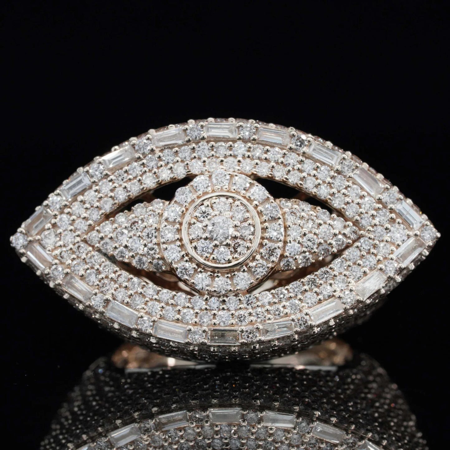 Mens 925 Silver Evil Eye Moissanite Iced Out Baguette Ring