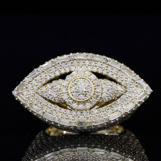 Mens 925 Silver Evil Eye Moissanite Iced Out Baguette Ring