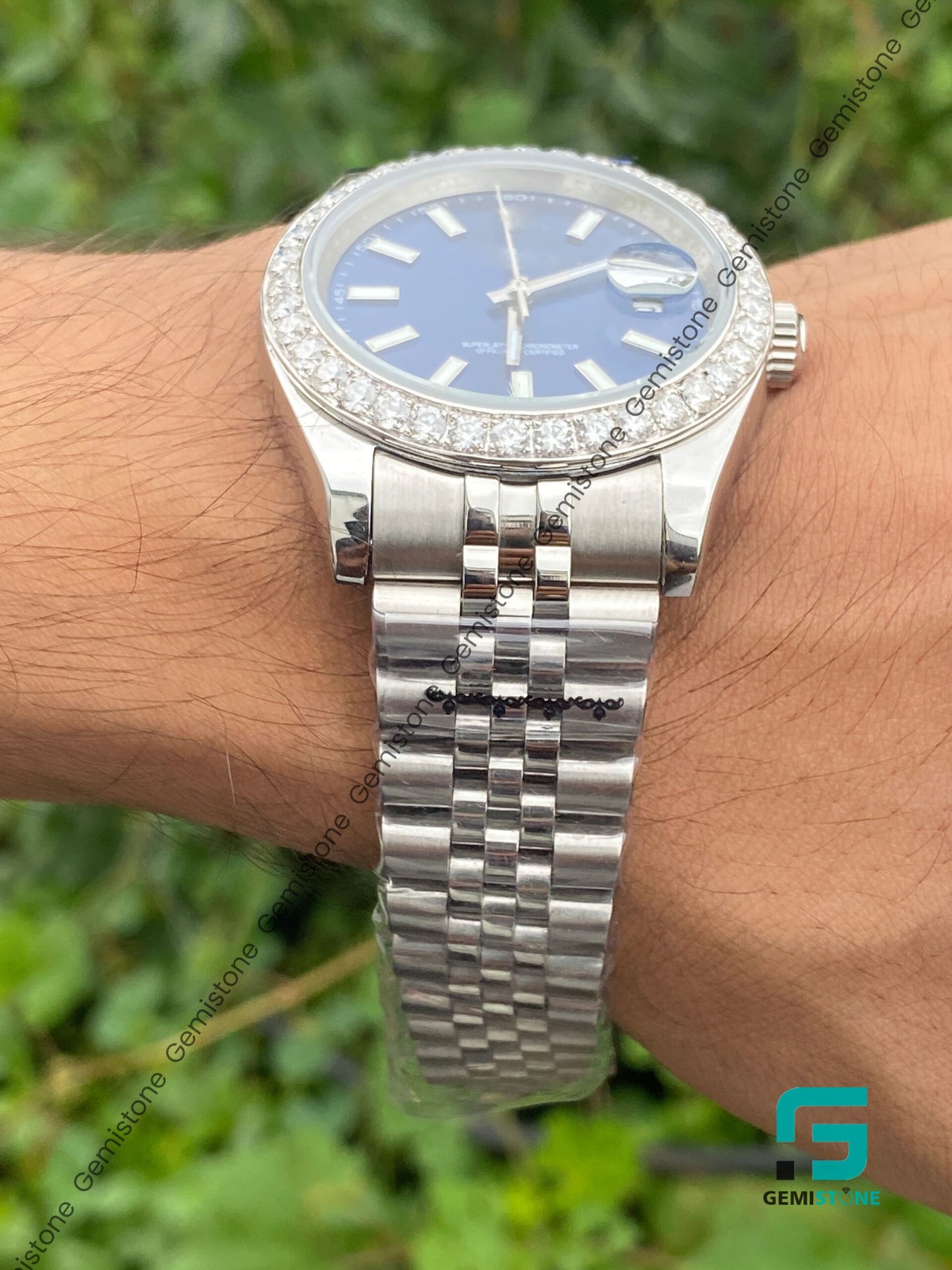 VVS Moissanite Bezel Diamond Intense Blue Dial Date Just Watch