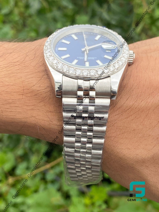 VVS Moissanite Bezel Diamond Intense Blue Dial Date Just Watch