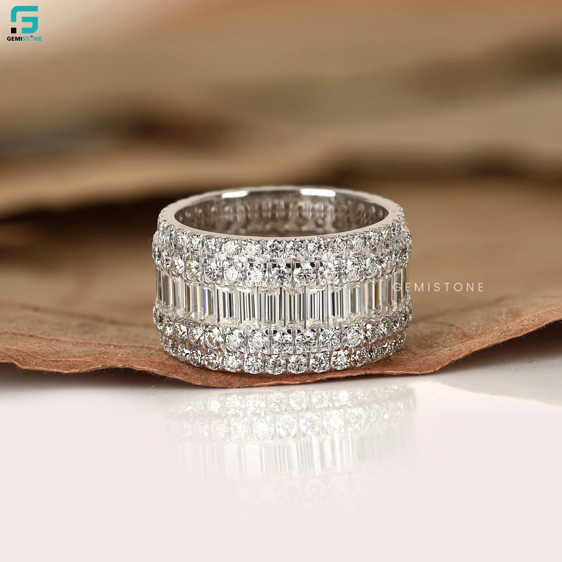 Five Row Round And Baguette Cut Lab Diamond Wedding Band 