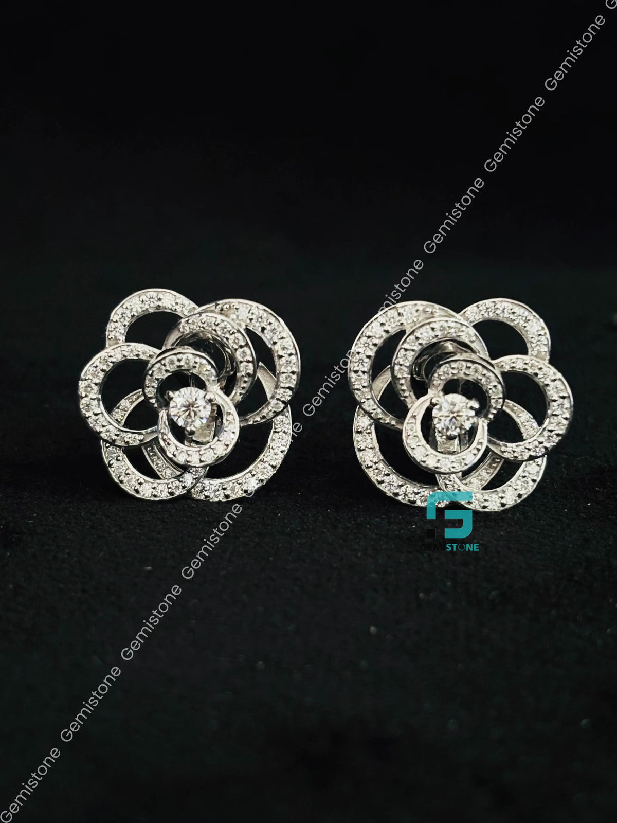 Floral Rose Shape Round Diamond Moissanite Stud Earrings