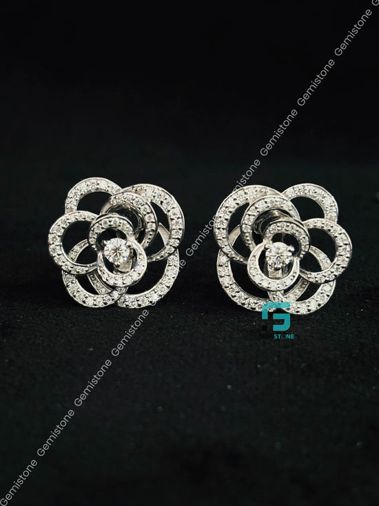 Floral Rose Shape Round Diamond Moissanite Stud Earrings