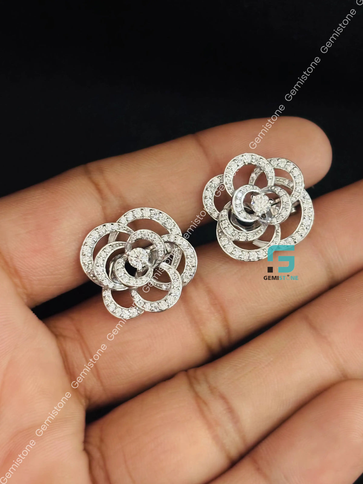 Floral Rose Shape Round Diamond Moissanite Stud Earrings