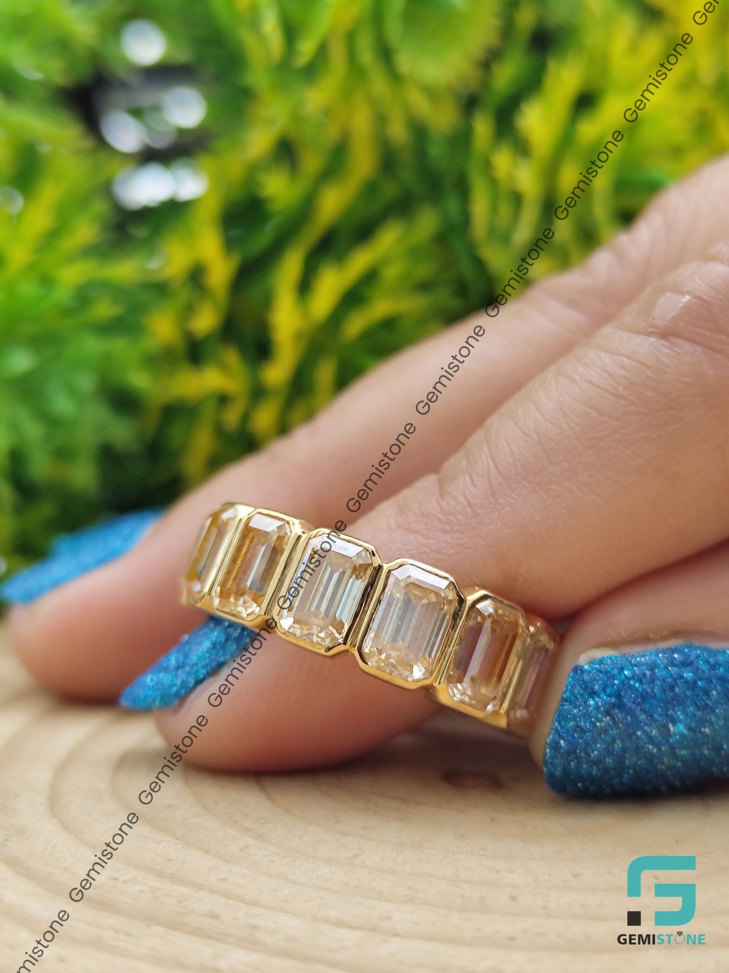 Bezel Setting Emerald Cut Canary Diamond Wedding Band