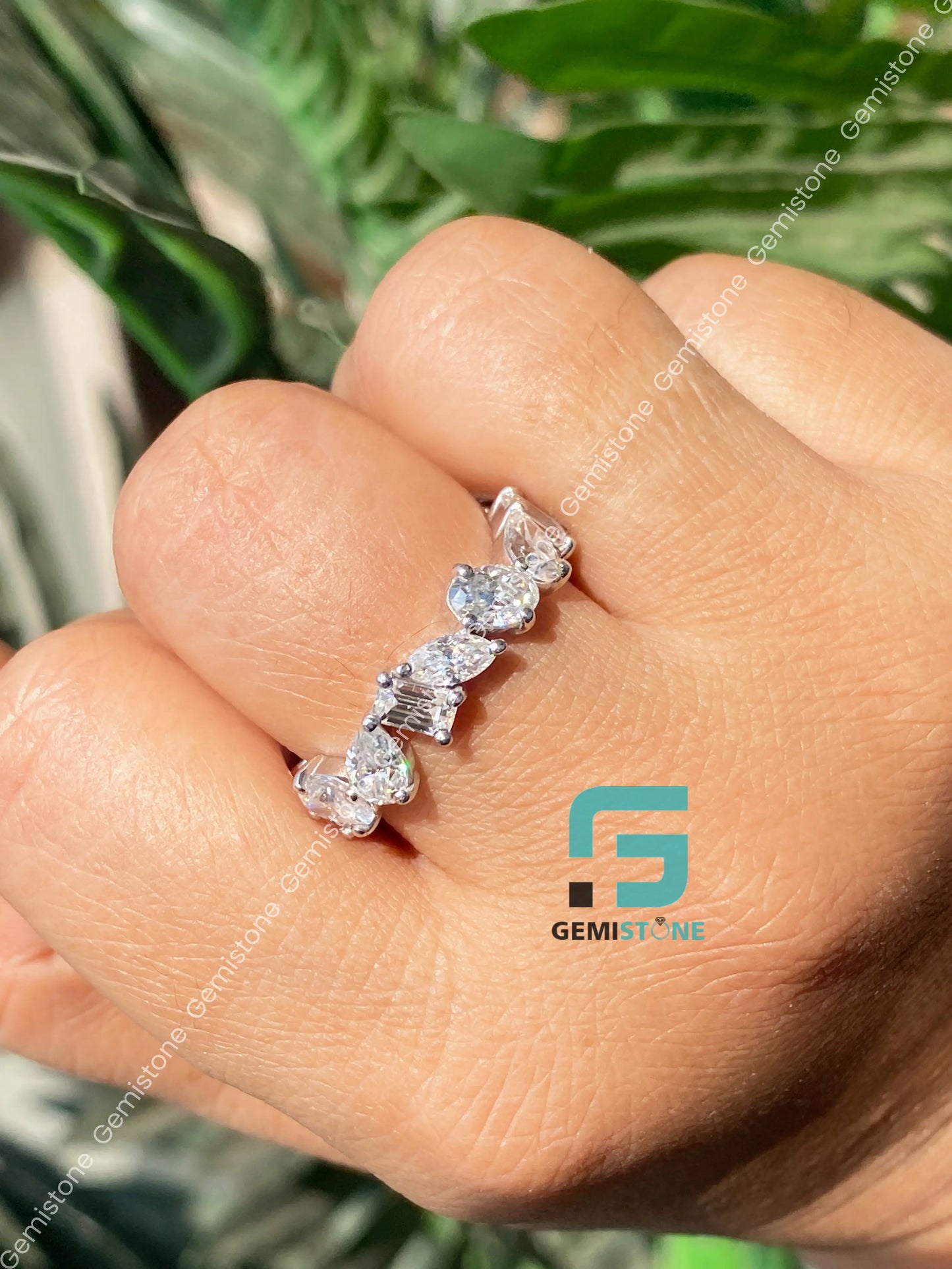 Multi Shape Moissanite Full Eternity Cluster Wedding Band