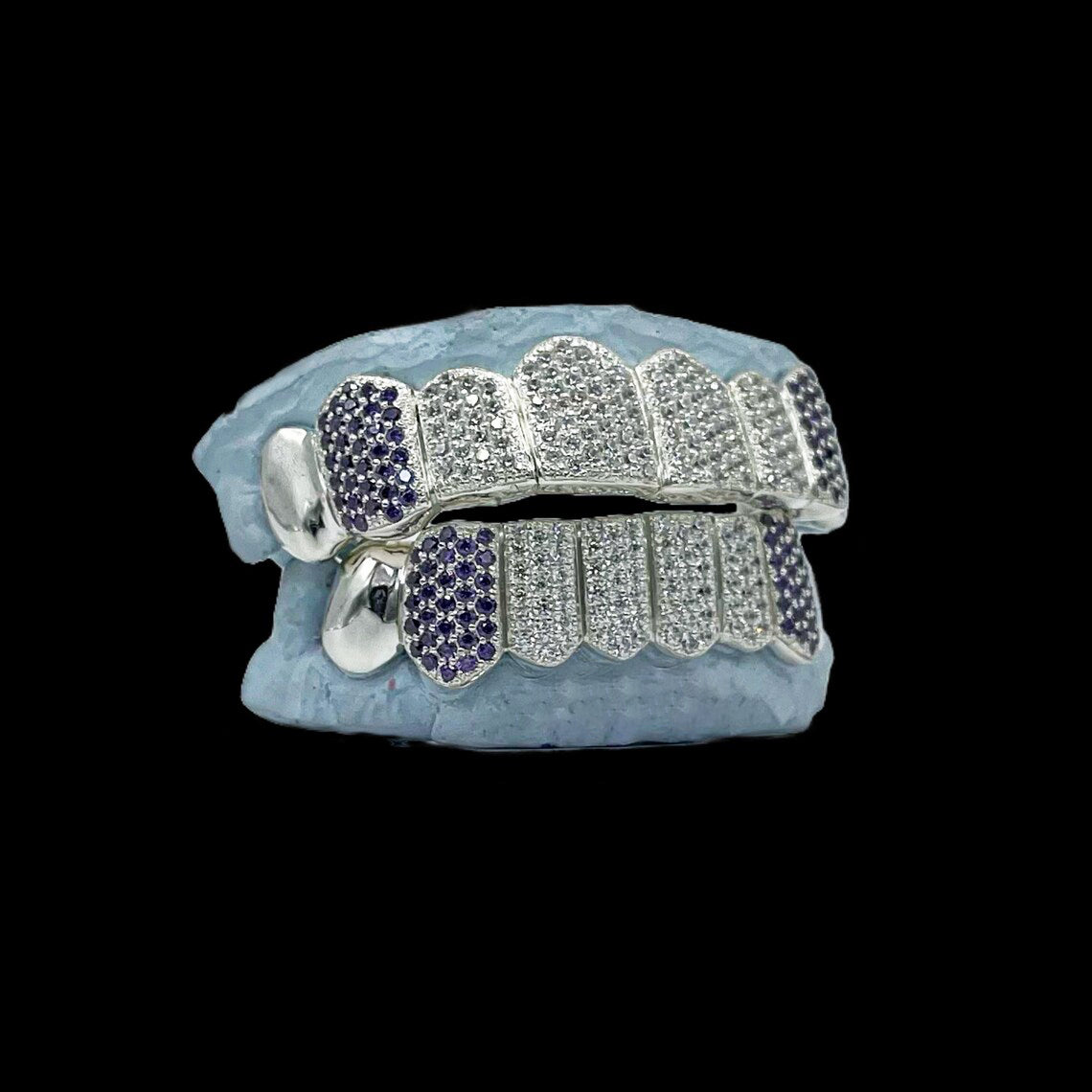 Unique 8 On 8 White & Purple Moissanite Honeycomb Diamond Grillz