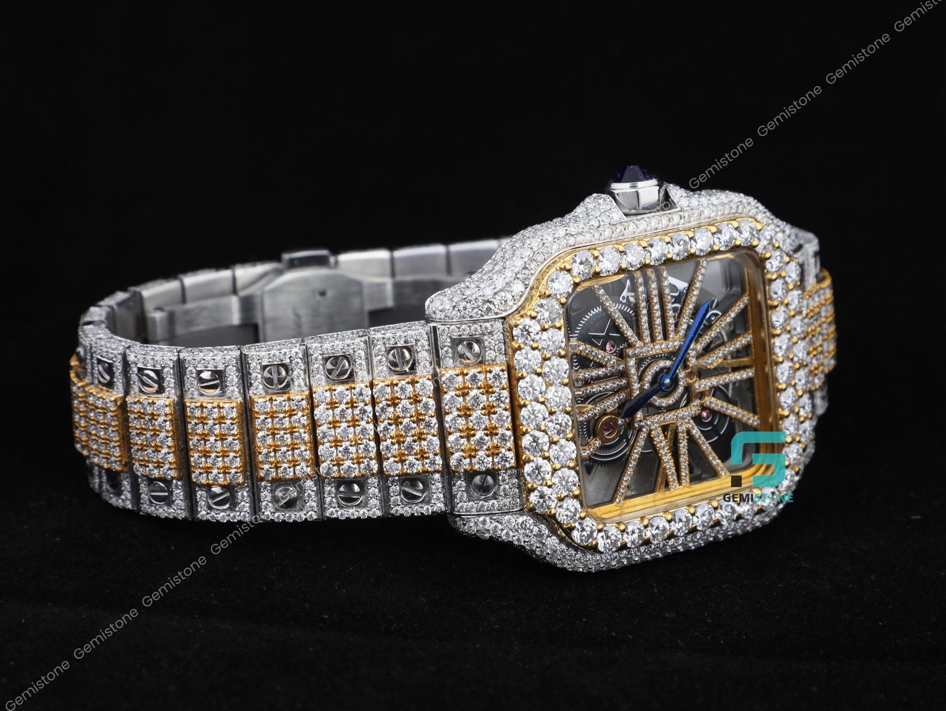 Fully VVS Moissanite Studded Two Tone Skeleton Diamond Watch