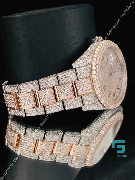 Men's Arabic Number Two Tone Fully Ice Moissanite Watch
