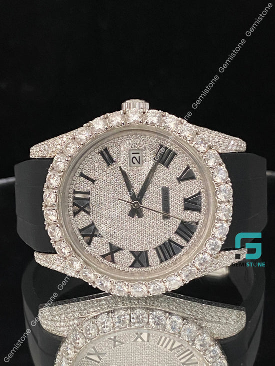 Elegant Half Iced Out VVS Moissanite Watch With Black Silicon Straps