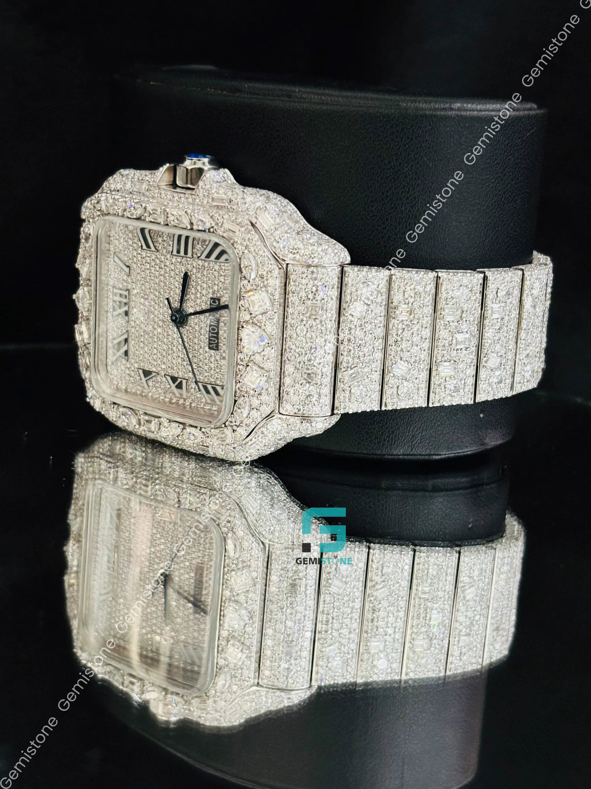 Fully Iced Out Roman Number Moissanite Multi Shape Watch
