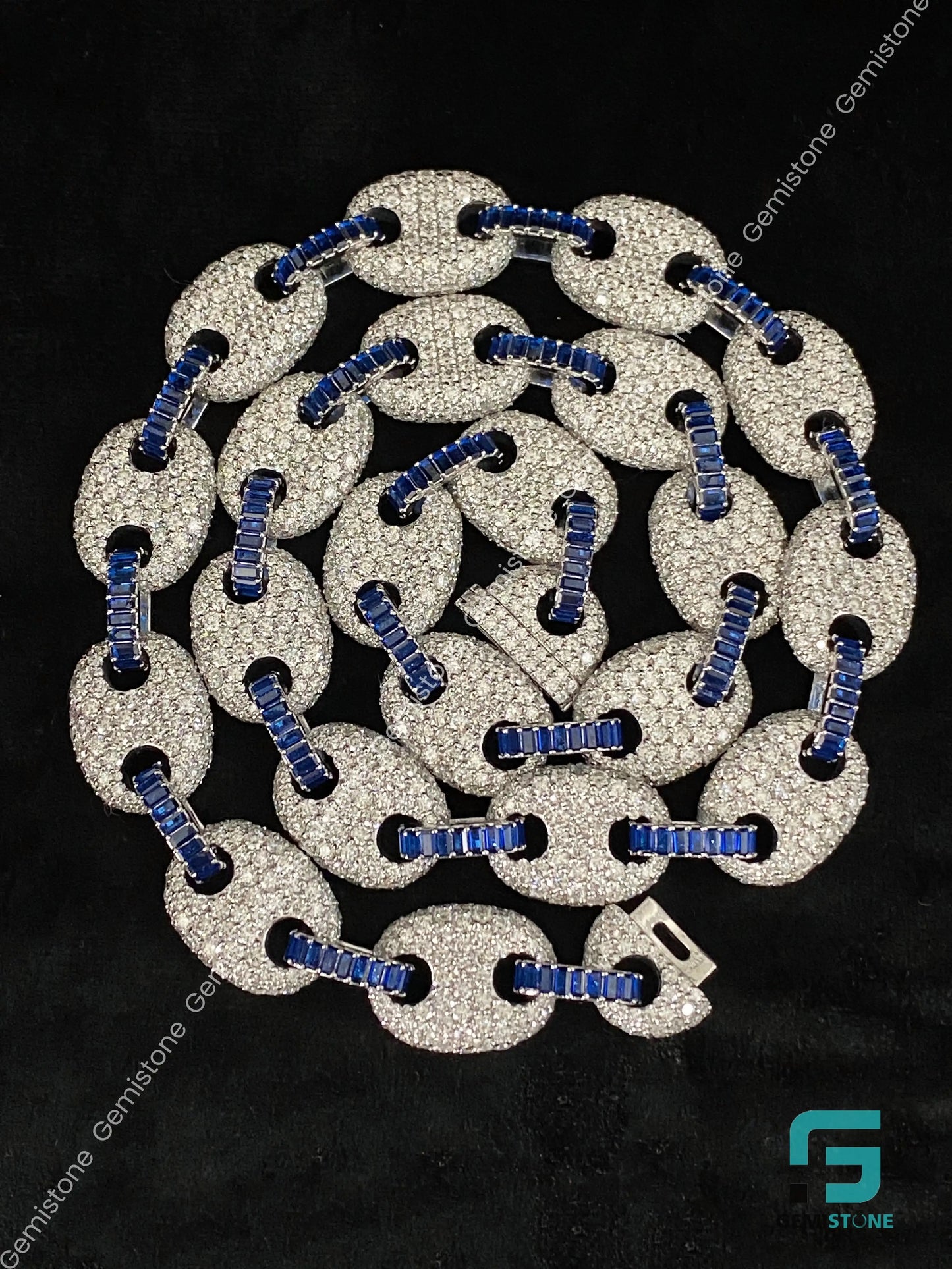 22" 925 Silver Fully Iced Out Round & Blue Baguette Puff Link Moissanite Cuban Chain