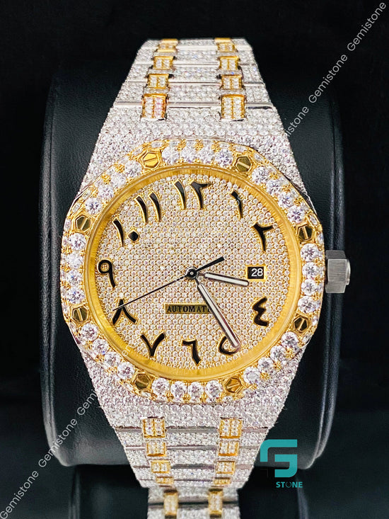 Two Tone Arabic Number Fully Studded Moissanite Watch