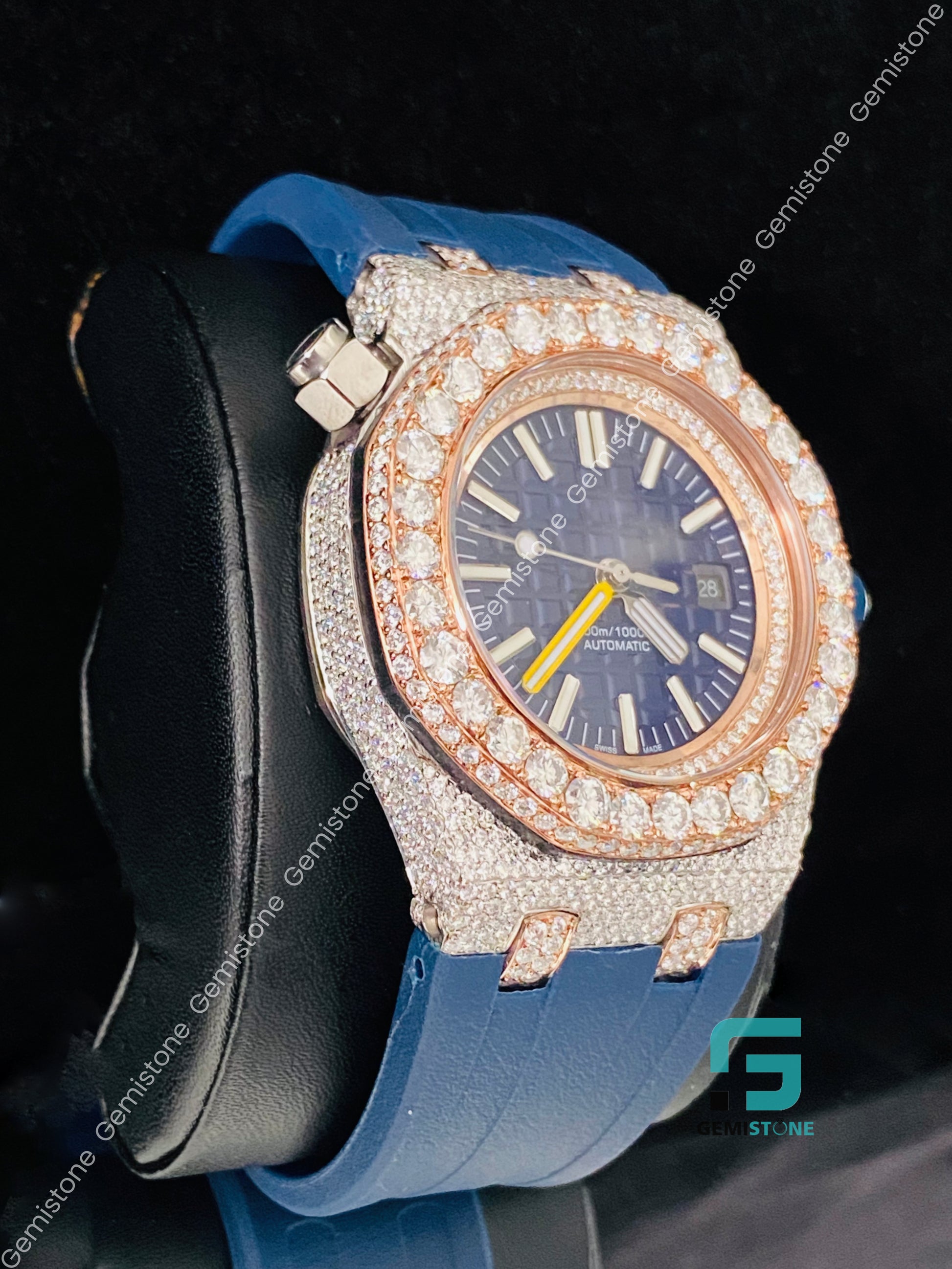 Fully Face Studded Blue Dial Moissanite Diamond Watch