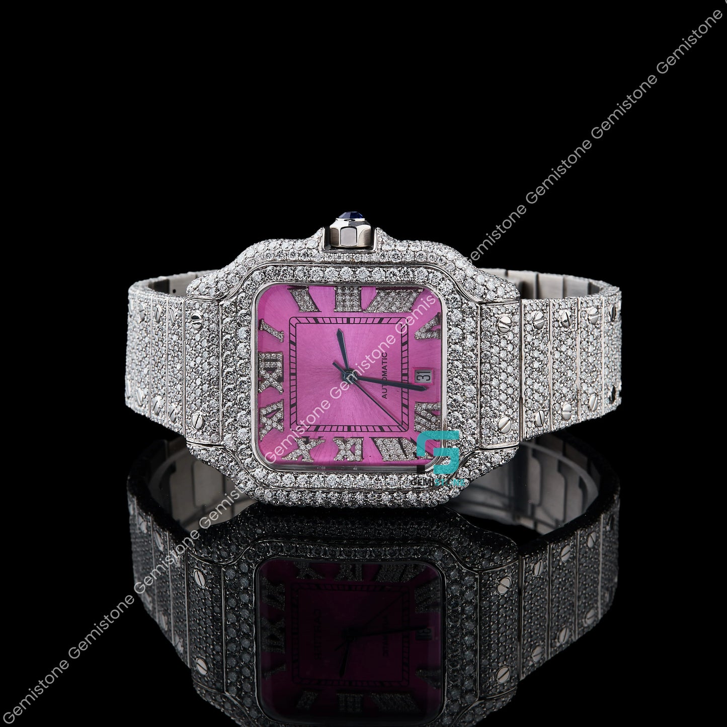 Fully Iced Cartier Pink Dial Moissanite WatchforMen