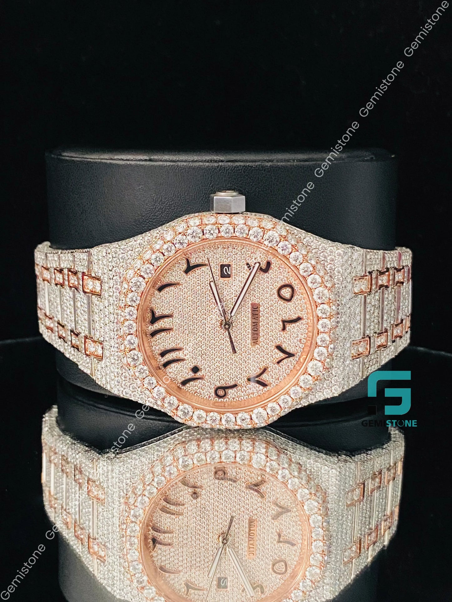 Mens 41MM Two Tone Arabic Number Fully Iced Out Moissanite Watch