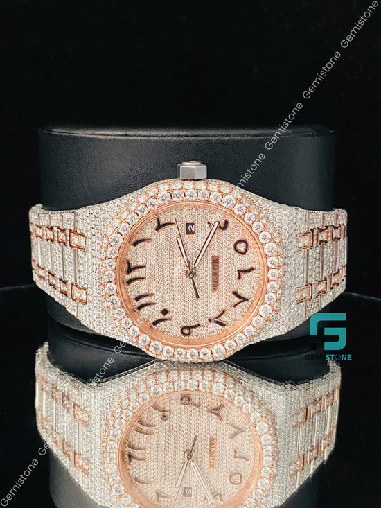 Mens 41MM Two Tone Arabic Number Fully Iced Out Moissanite Watch