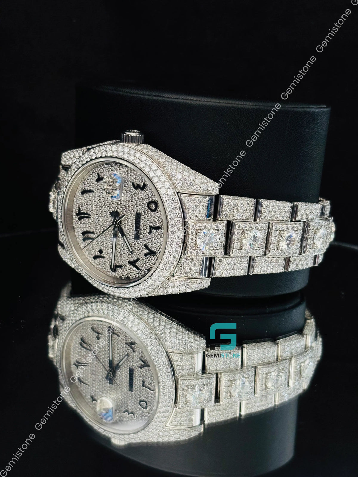 Fully Studded Black Arabic Number Hip Hop Moissanite Watch