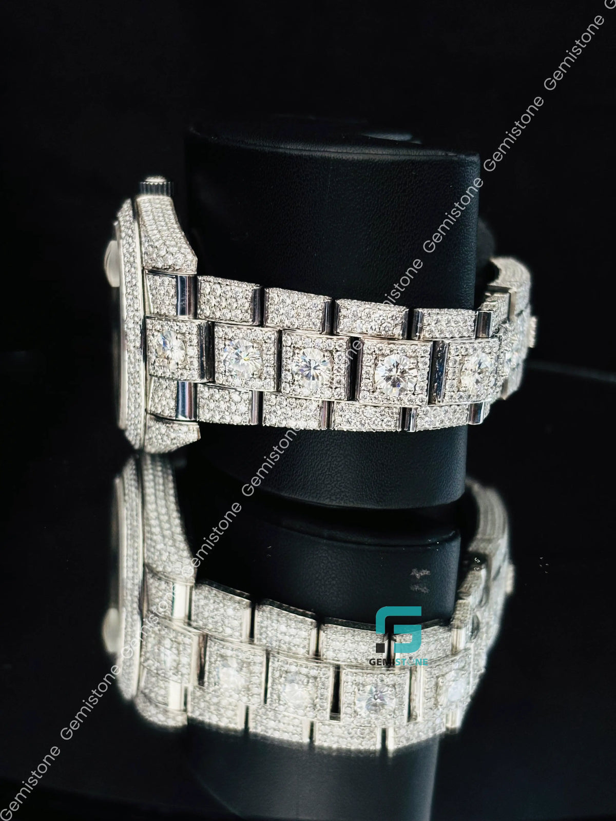 Fully Studded Black Arabic Number Hip Hop Moissanite Watch For Men