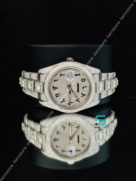 Fully Studded Iced Out Black Arabic Number Hip Hop Moissanite Watch