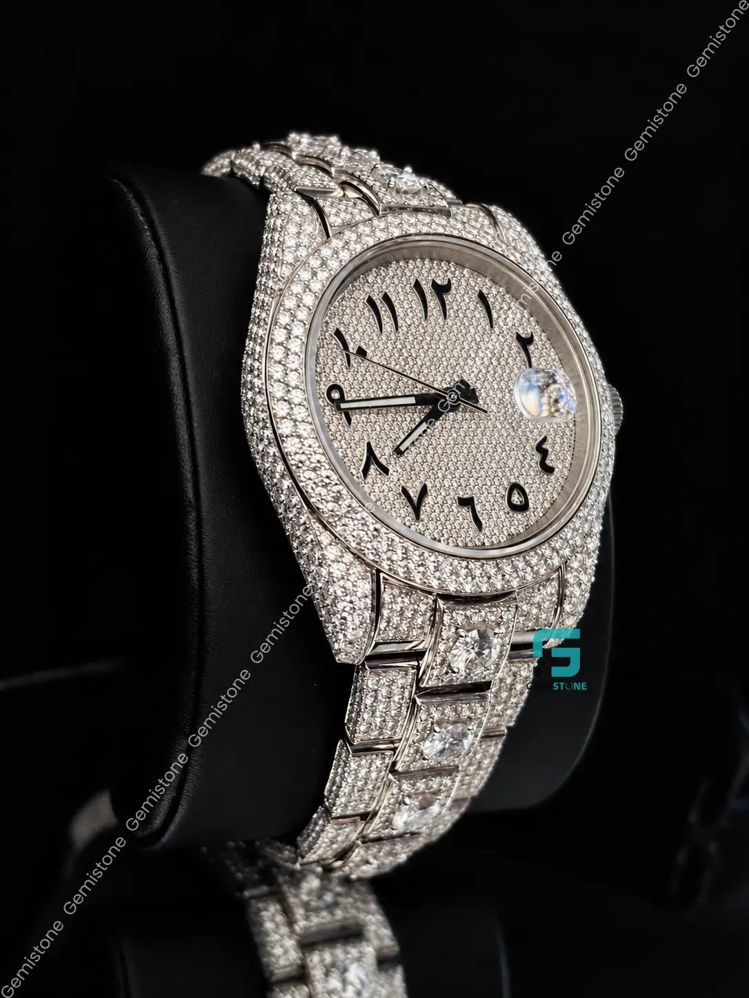 Fully Studded Iced Out Black Arabic Number Moissanite Watch
