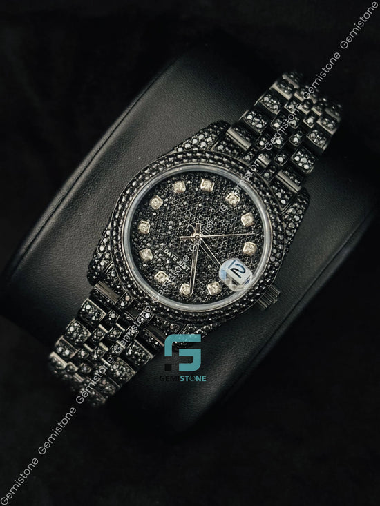 Fully Studded Moissanite Black Diamond Watch for Men_s