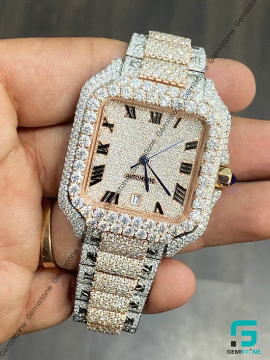 Two Tone Fully Iced Out Roman Dial Moissanite Watch For Men