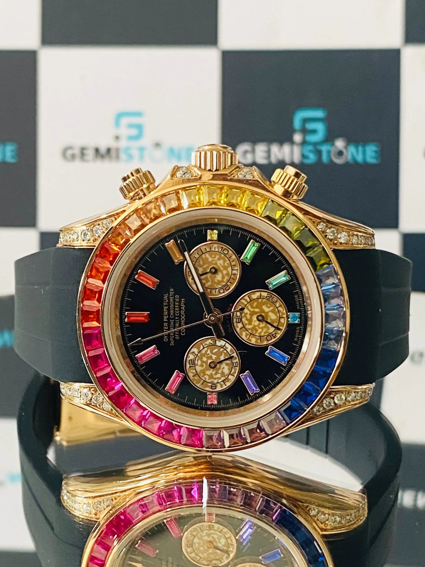 Black Strap With 41MM Colorfull Baguette Bezel Dial Moissanite Watch