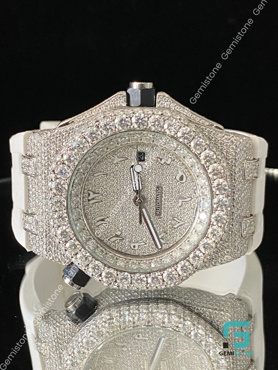 Men's Fully FaceDial White Silicon Strap Moissanite Watch