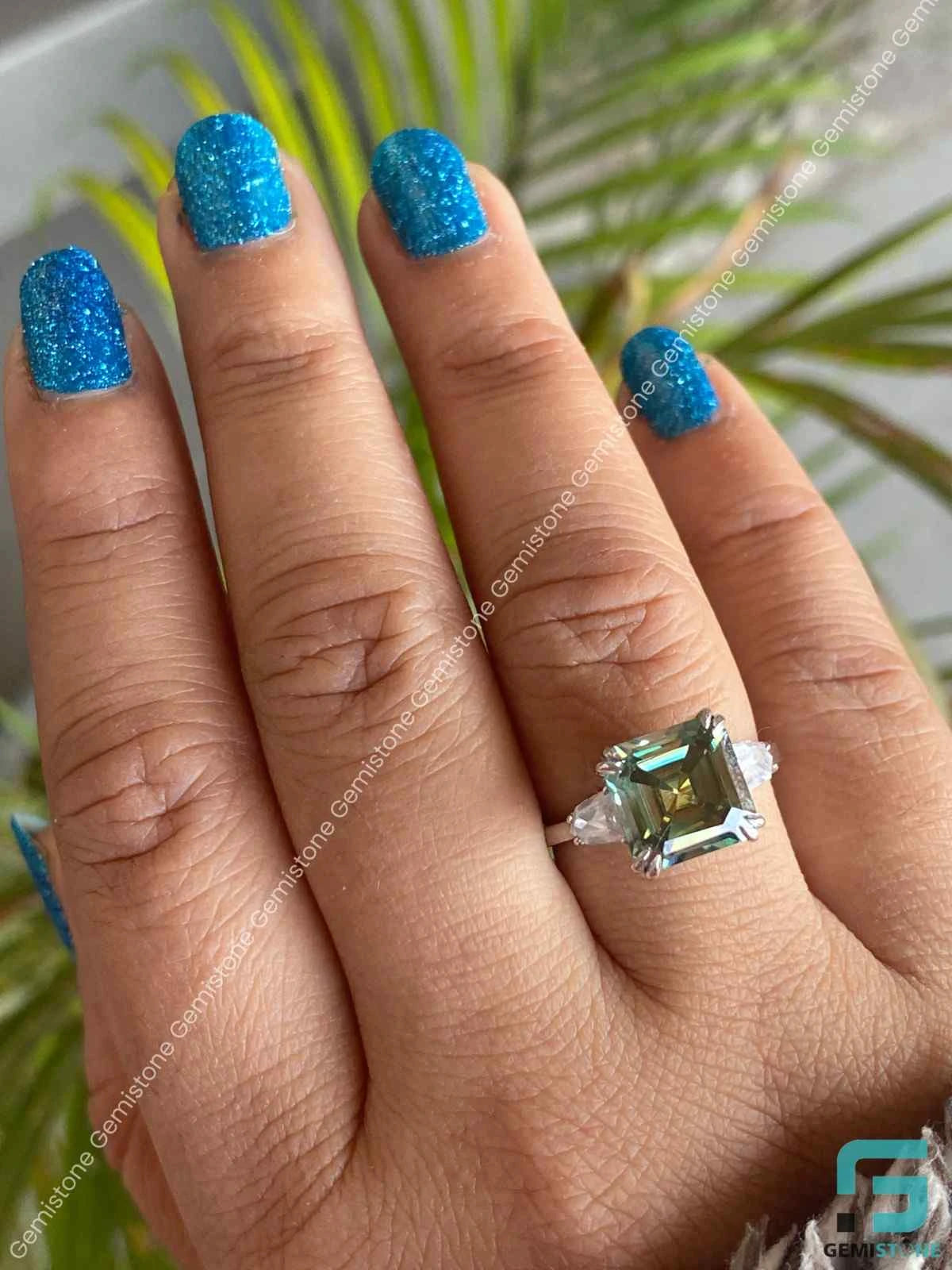 Green Ascher Cut Engagement Ring