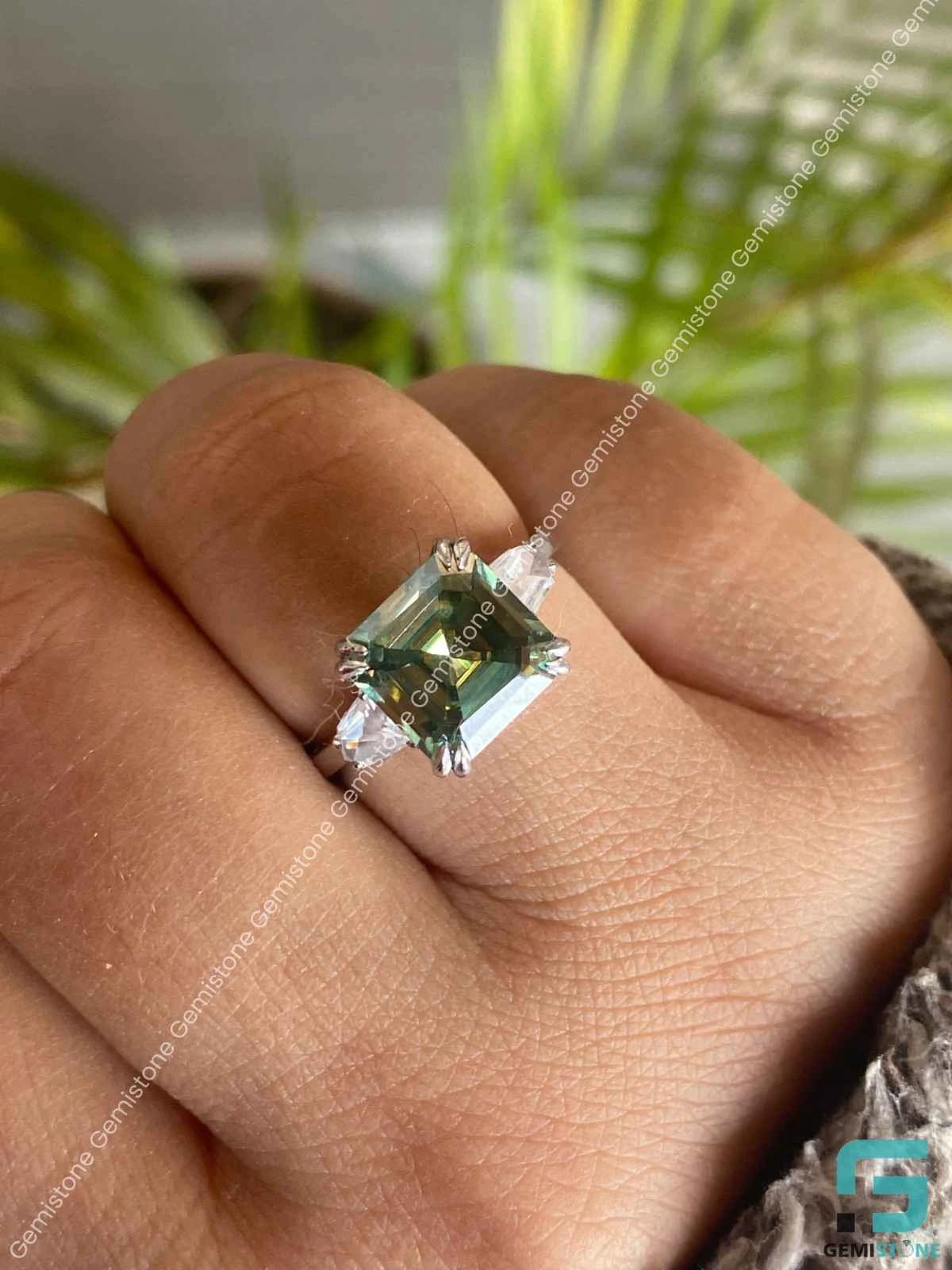 Green Asscher Cut Moissanite Ring