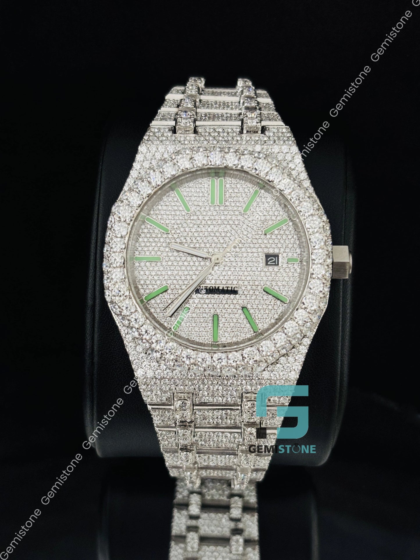 Green Baguette Bar Fully Studded Moissanite Iced Out Hip Hop Watch