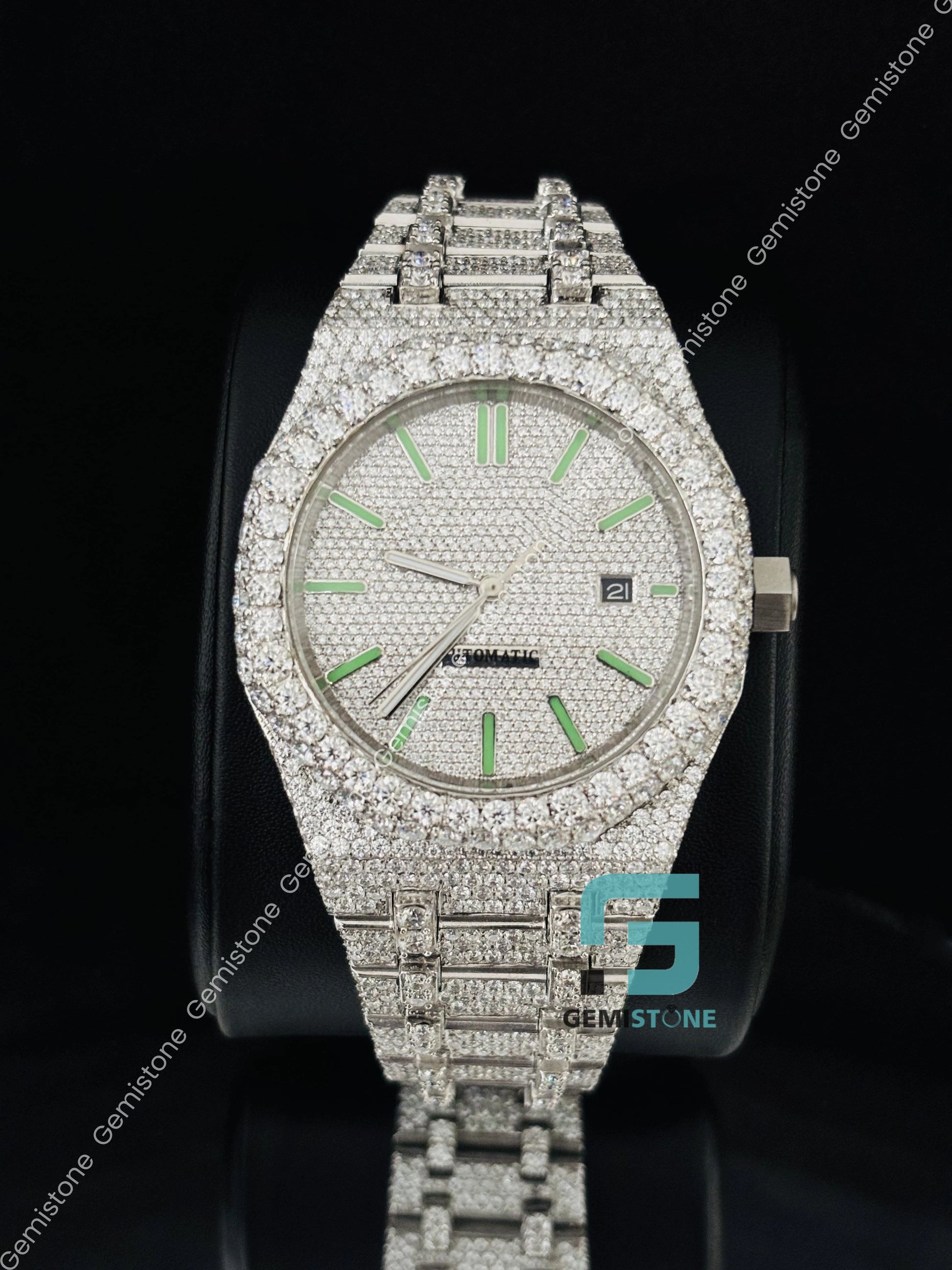 Green Baguette Bar Fully Studded Moissanite Iced Out Hip Hop Watch