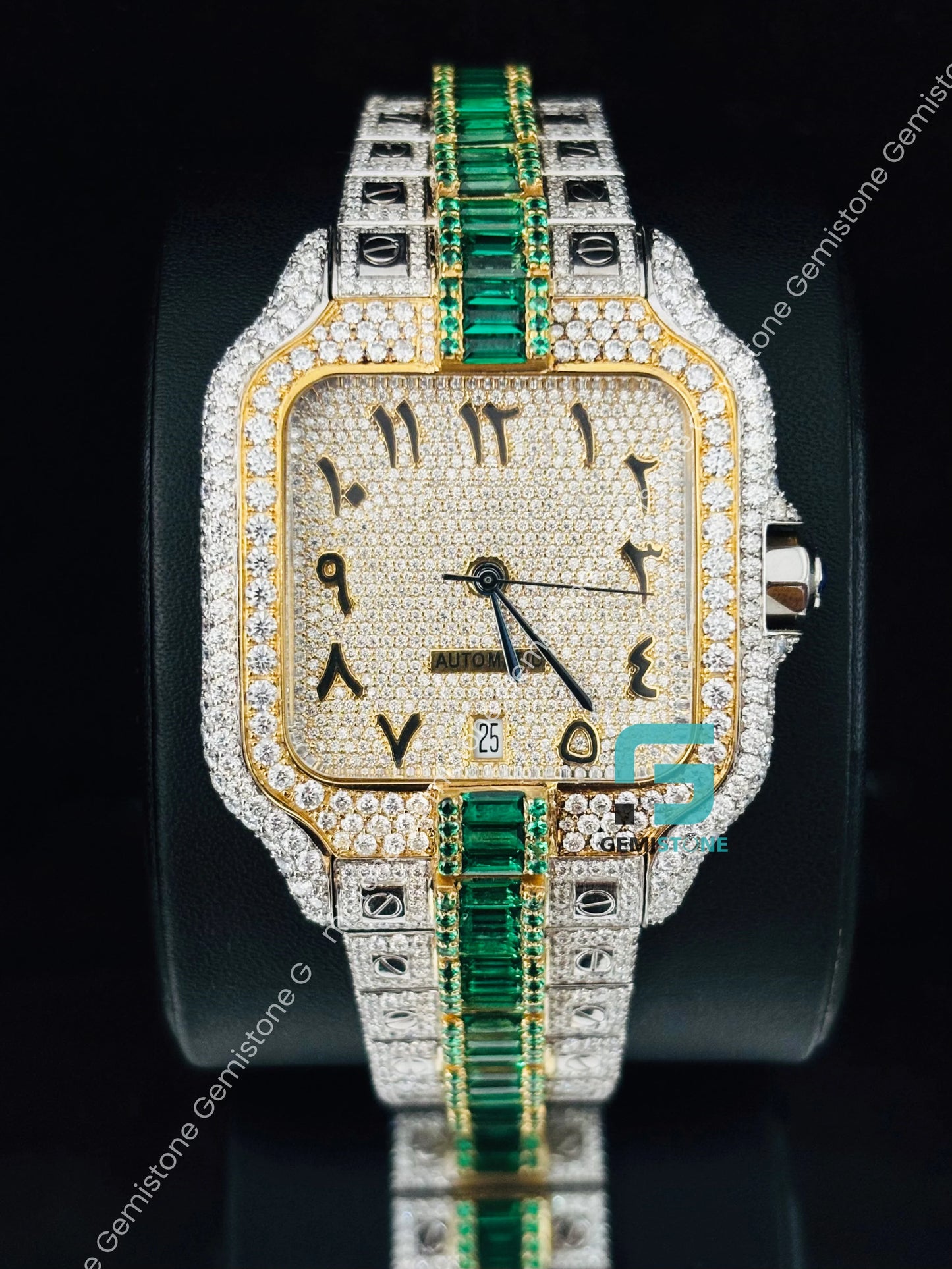 Green Baguette Stone Moissanite Cartier Watch