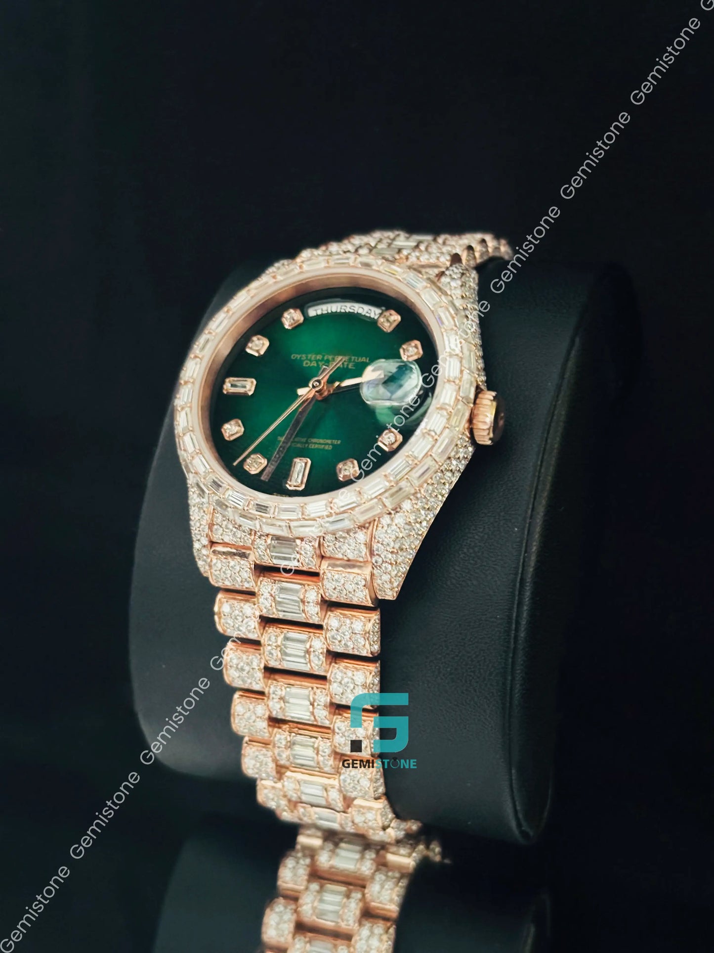 Green Dial Day Date Moissanite Baguette Watch For Men