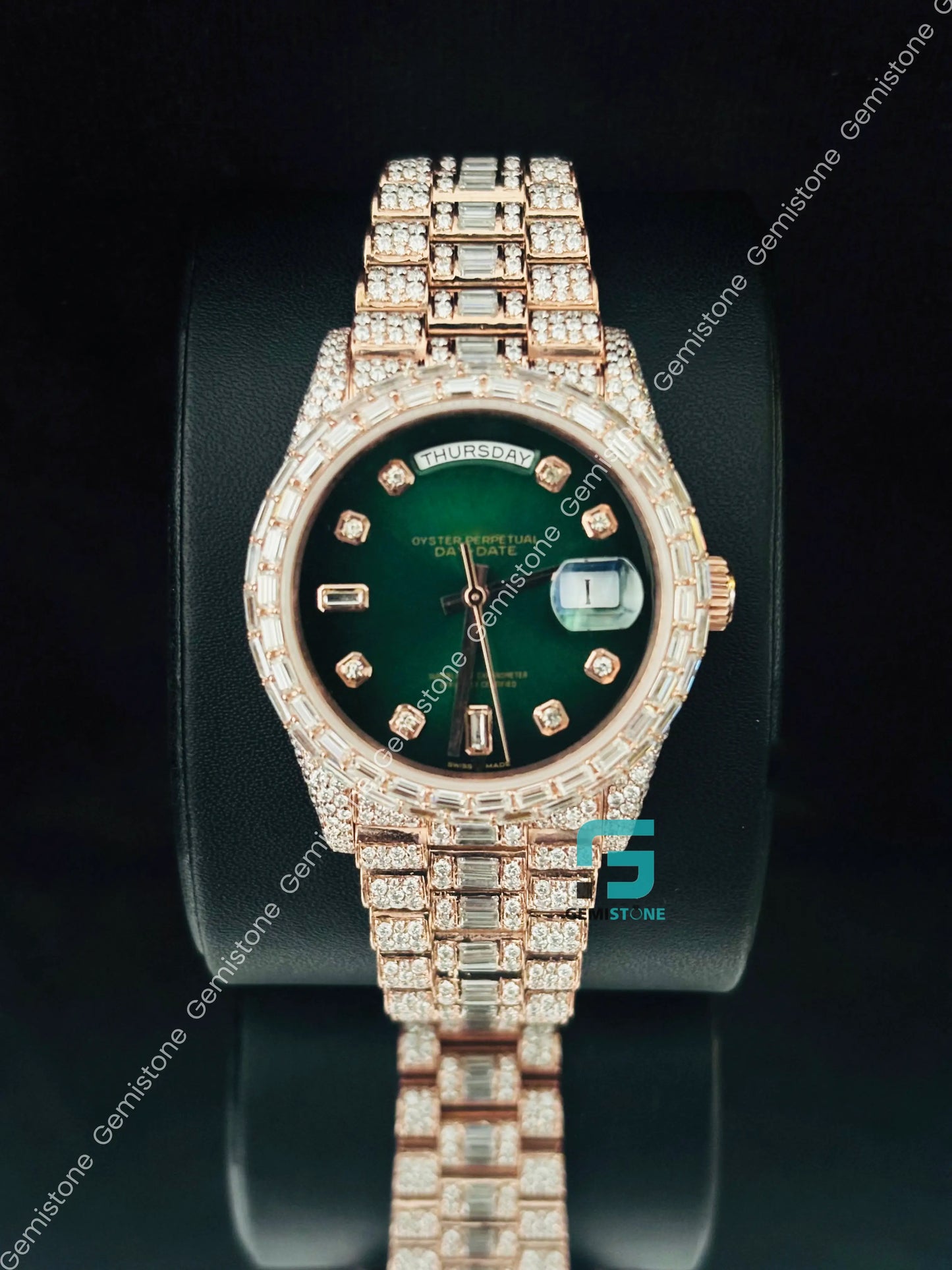 Green Dial Moissanite Baguette Watch For Men