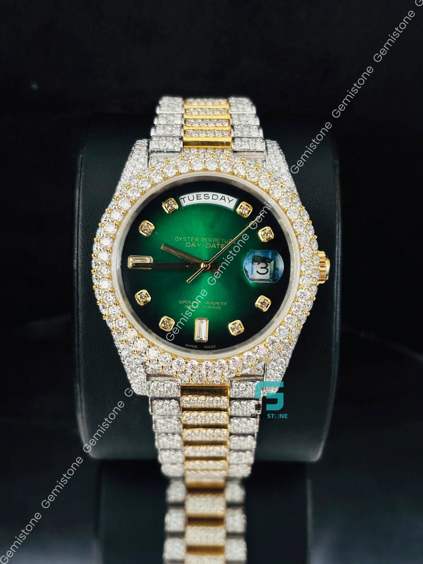 Green Dial Moissanite Day Date Watch For Men