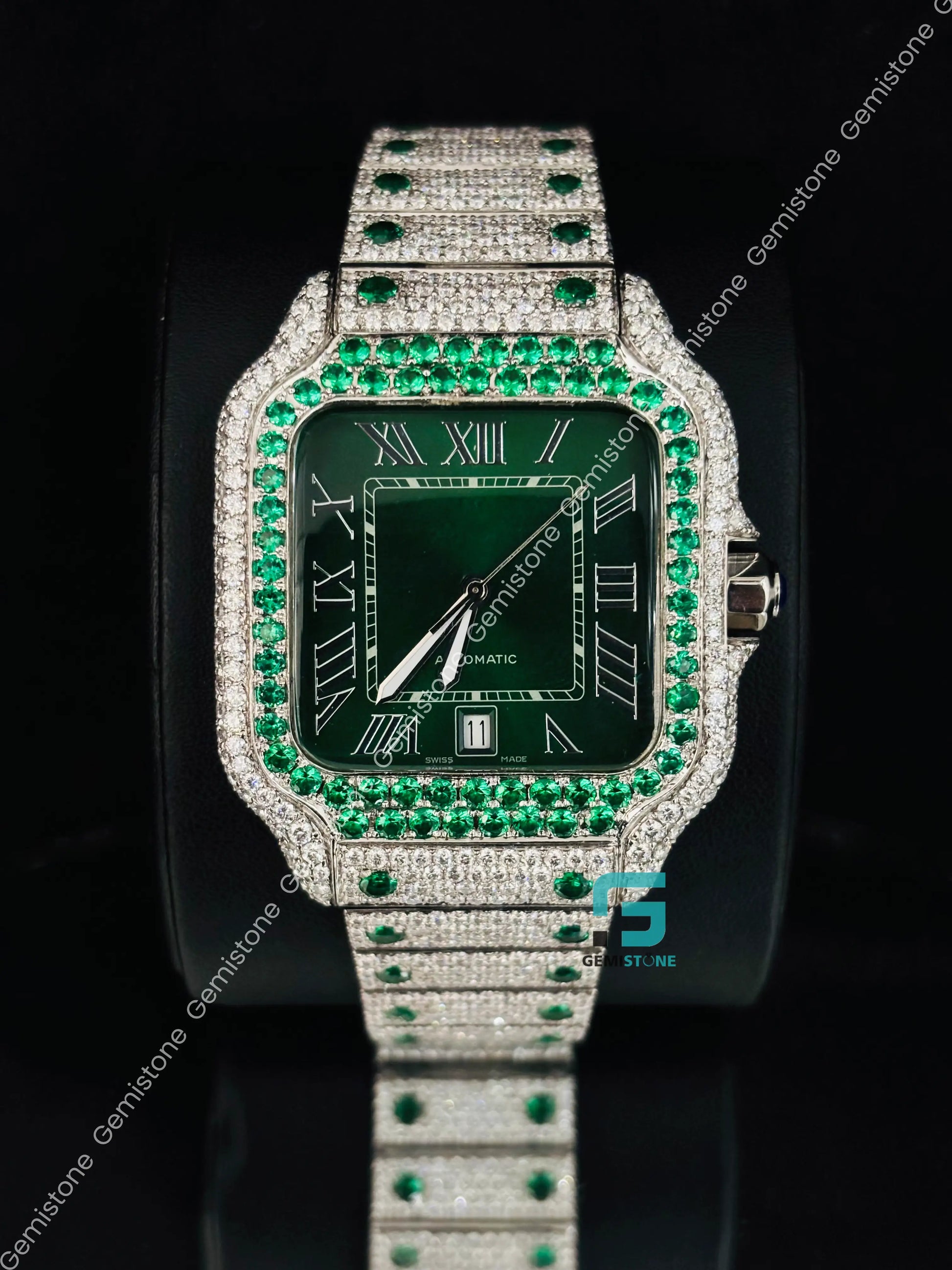 Green Dial Moissanite Roman Number Cartier Watch For Men