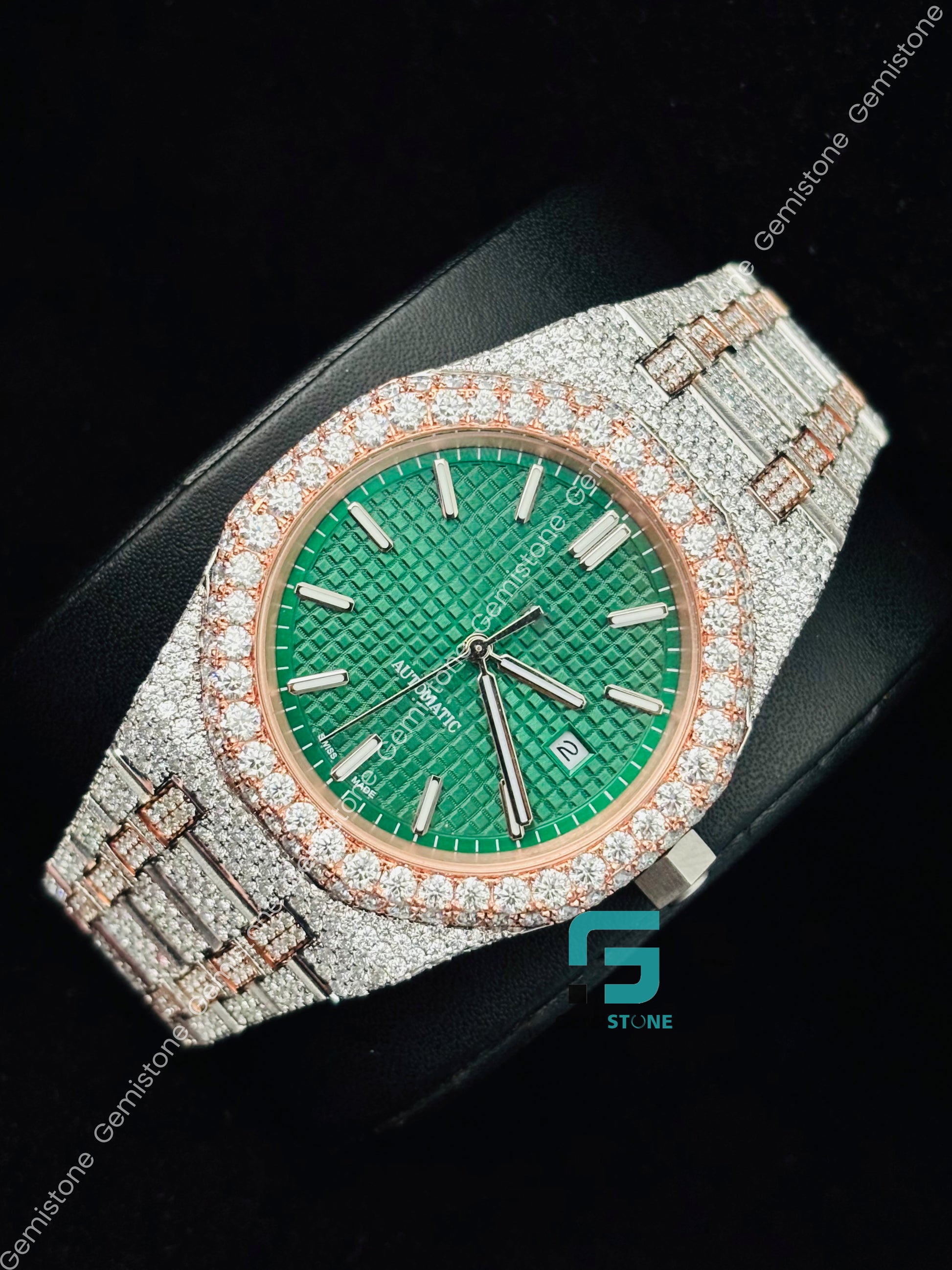 Green Dial Moissanite Rose Gold Plated Watch