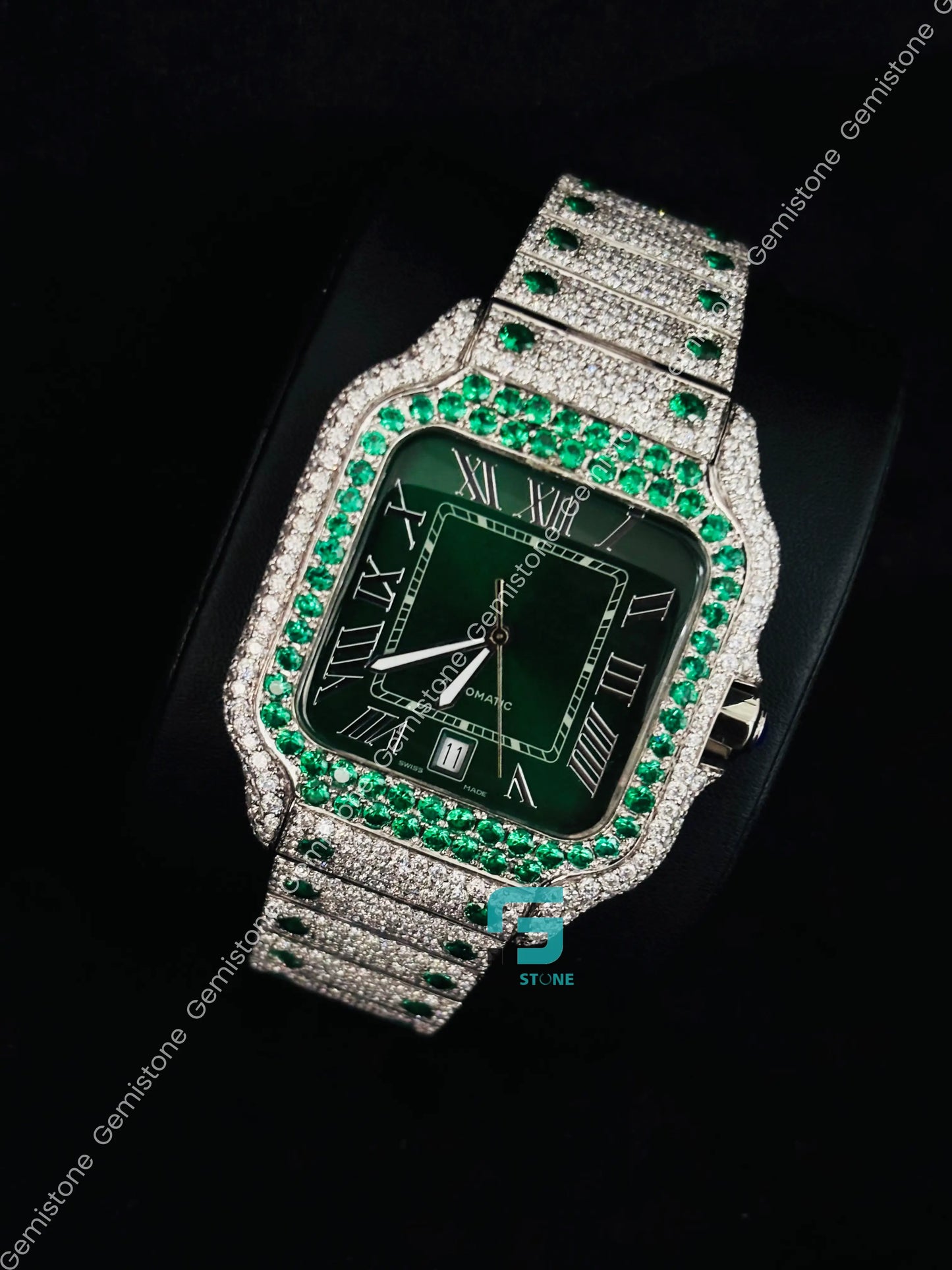 Green Diamond Studded Moissanite Cartier Iced Out Watch